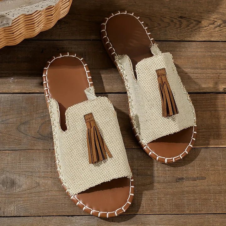 Women's Patterned Slide Sandals with Tassel Detail