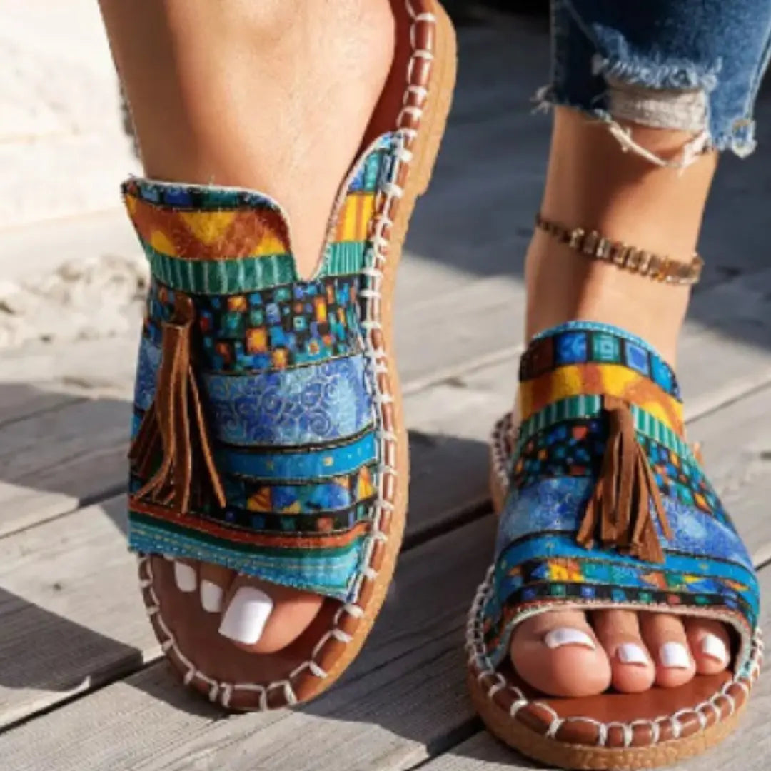 Women's Patterned Slide Sandals with Tassel Detail - Blue