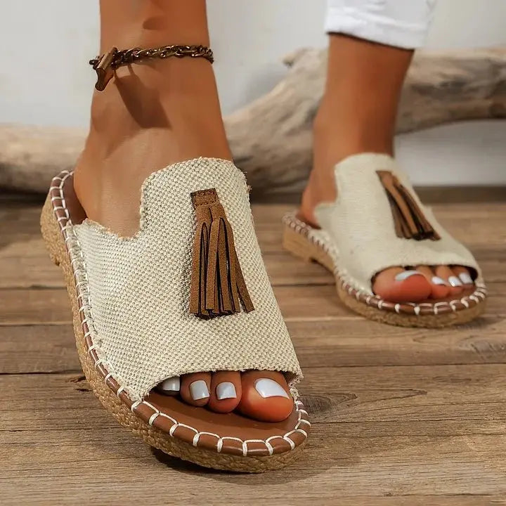 Women's Patterned Slide Sandals with Tassel Detail - Beige