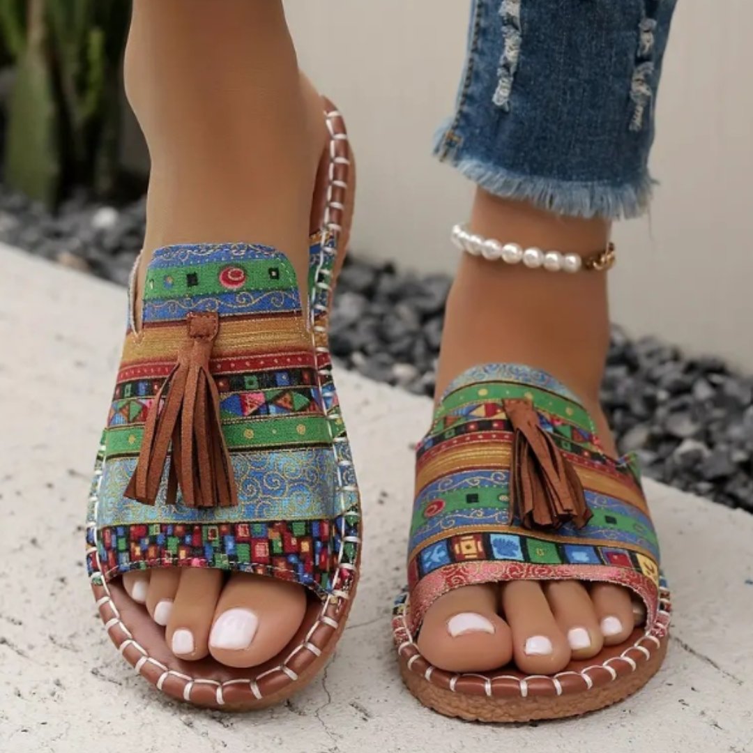 Women's Patterned Slide Sandals with Tassel Detail - Green & Red