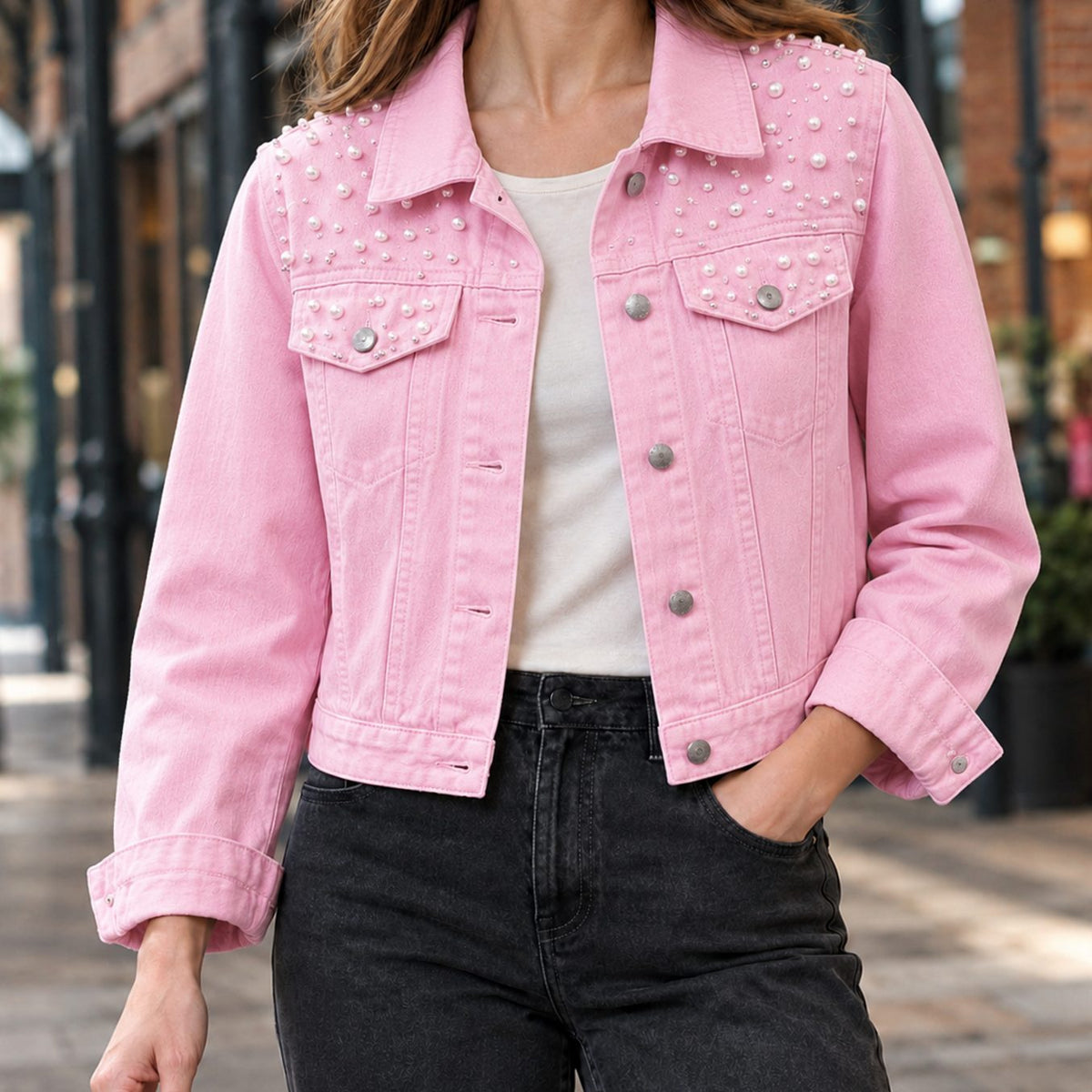 Women's Pearl-Embellished Cropped Washed Denim Jacket - Pink