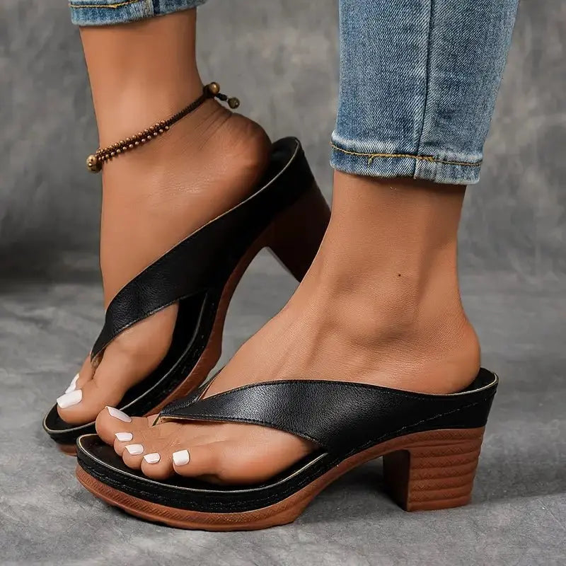 Women's Platform Flip Flops Orthopedic Thong Sandals - Black