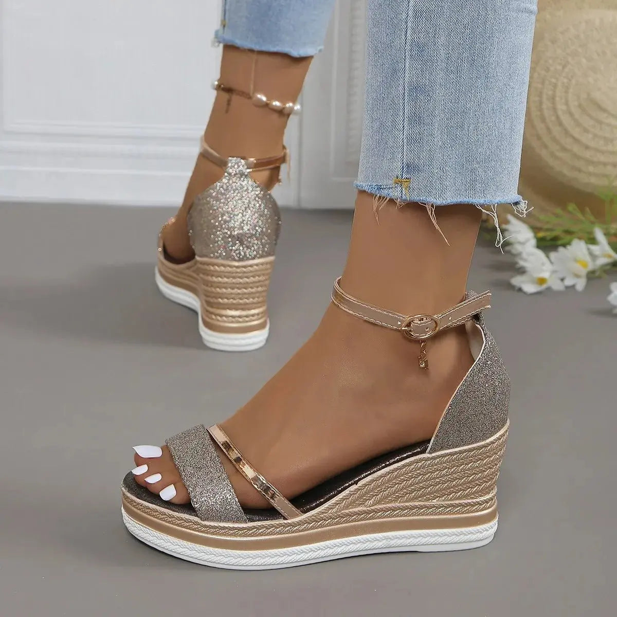Women's Platform Sandals Wedge Heel Ankle Strap Espadrille - Rose Gold