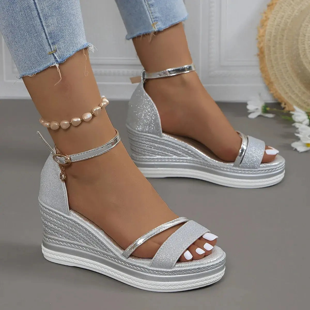 Women's Platform Sandals Wedge Heel Ankle Strap Espadrille - Silver
