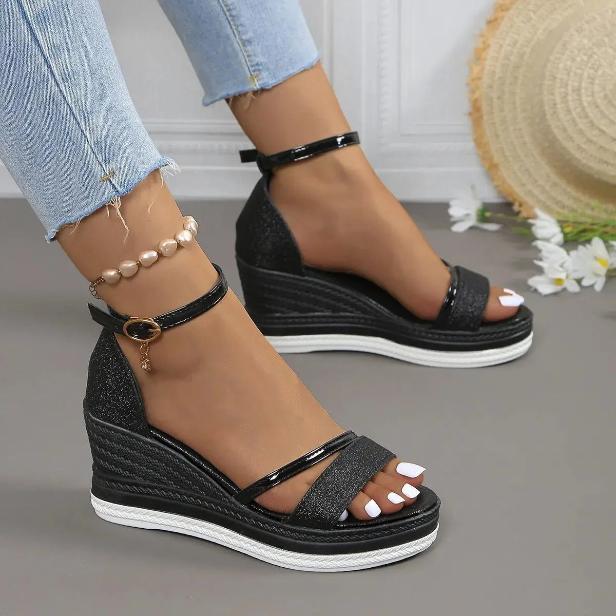 Women's Platform Sandals Wedge Heel Ankle Strap Espadrille - Black