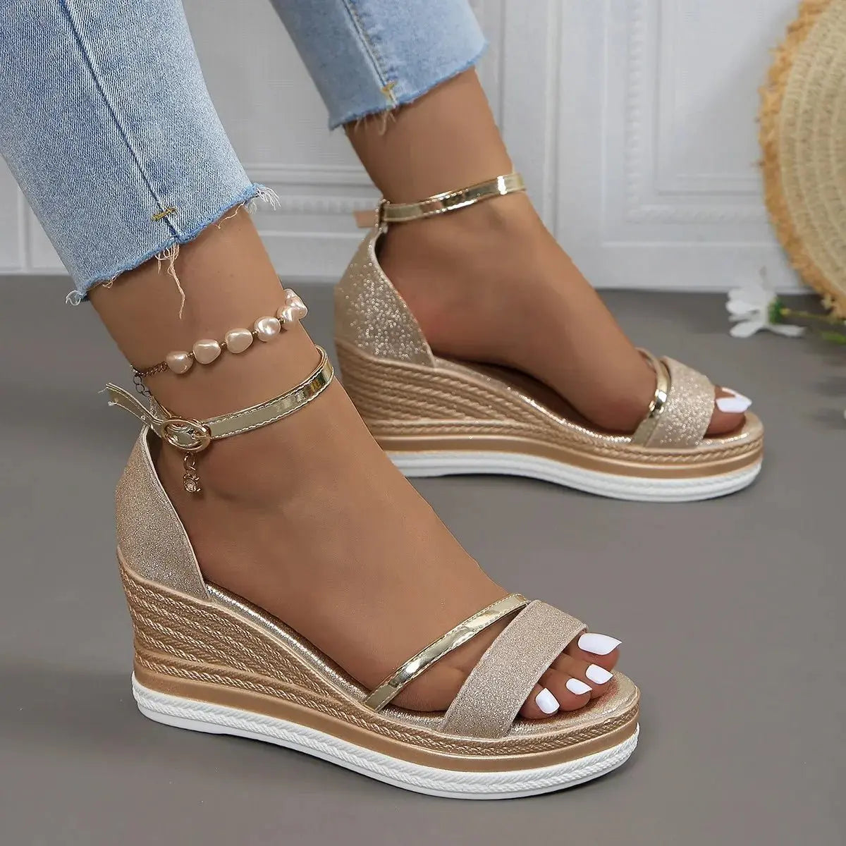 Women's Platform Sandals Wedge Heel Ankle Strap Espadrille - Gold
