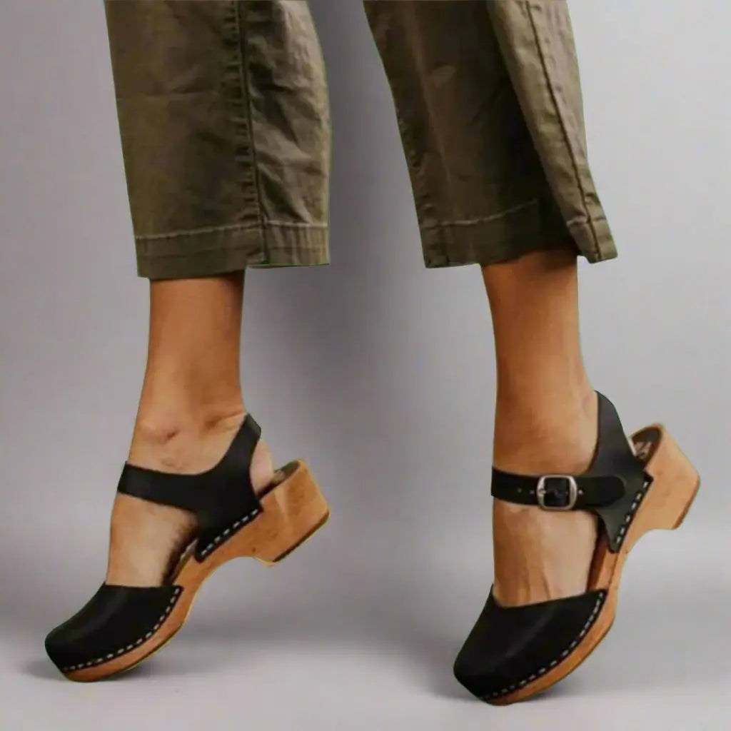 Women's Platform Sandals with Ankle Strap Low Block Heel - Black
