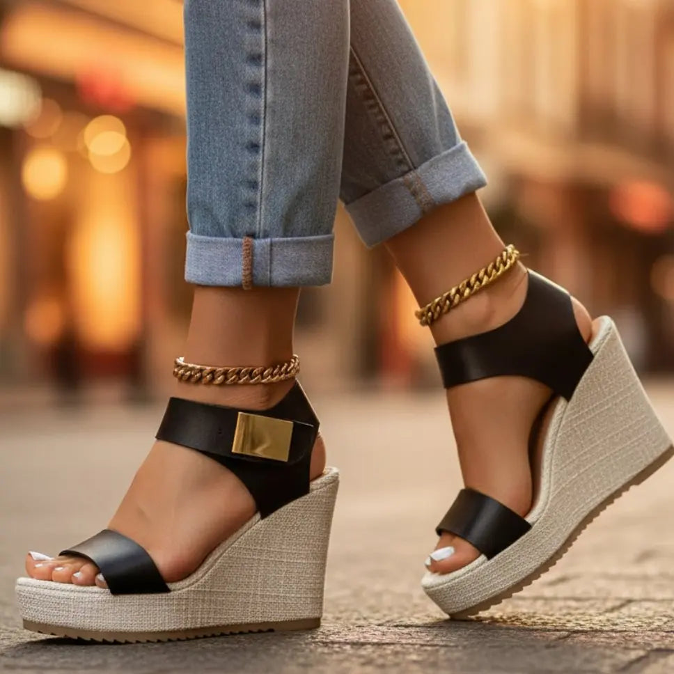Women's Platform Wedge Sandals Orthopedic Ankle Strap - Black