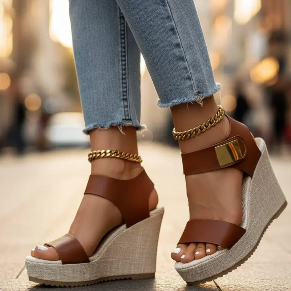 Women's Platform Wedge Sandals Orthopedic Ankle Strap - Brown