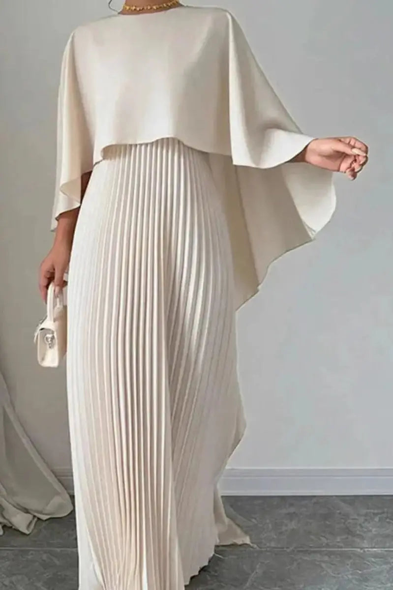 Women's Pleated Cape Maxi Evening Gown Formal Occasion Dress - Beige