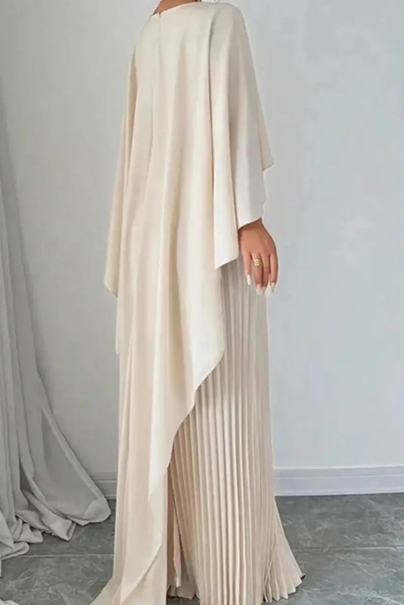 Women's Pleated Cape Maxi Evening Gown Formal Occasion Dress