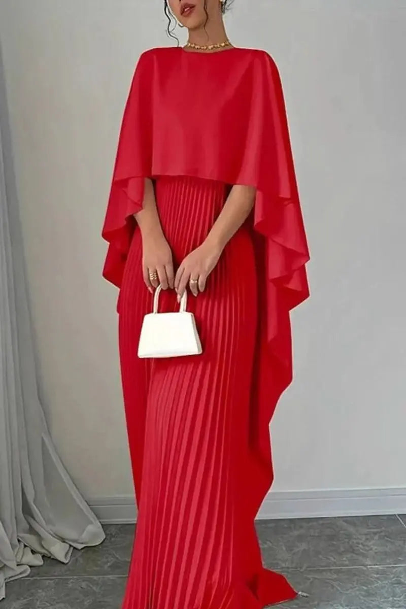Women's Pleated Cape Maxi Evening Gown Formal Occasion Dress - Red