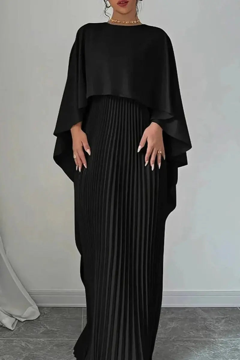 Women's Pleated Cape Maxi Evening Gown Formal Occasion Dress - Black