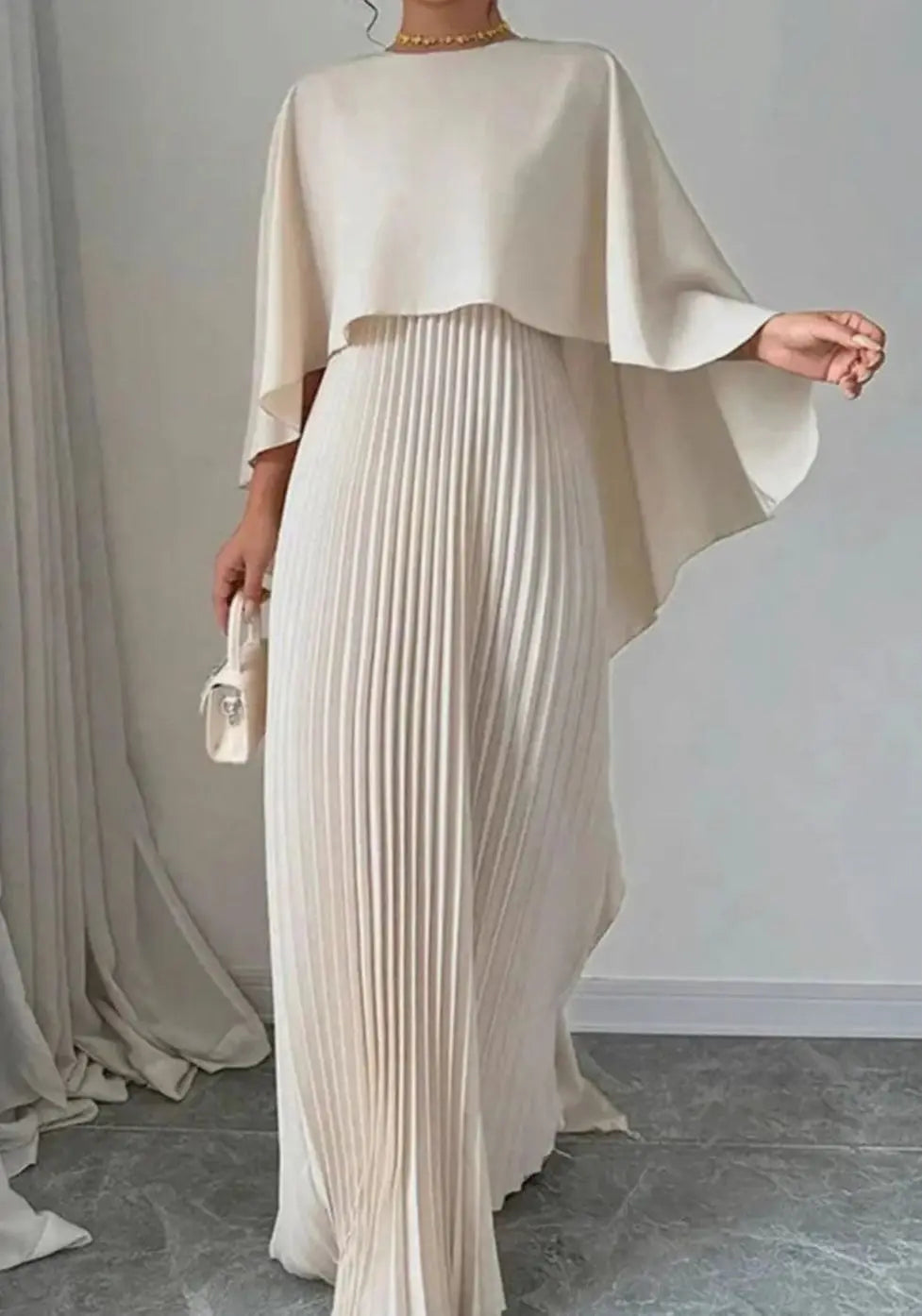 Women's Pleated Cape Overlay Formal Maxi Dress - Beige