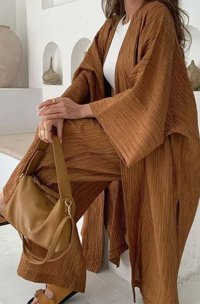 Women's Pleated Kimono Wide-Leg Trouser Two-Piece Set Co Ord - Dark Brown