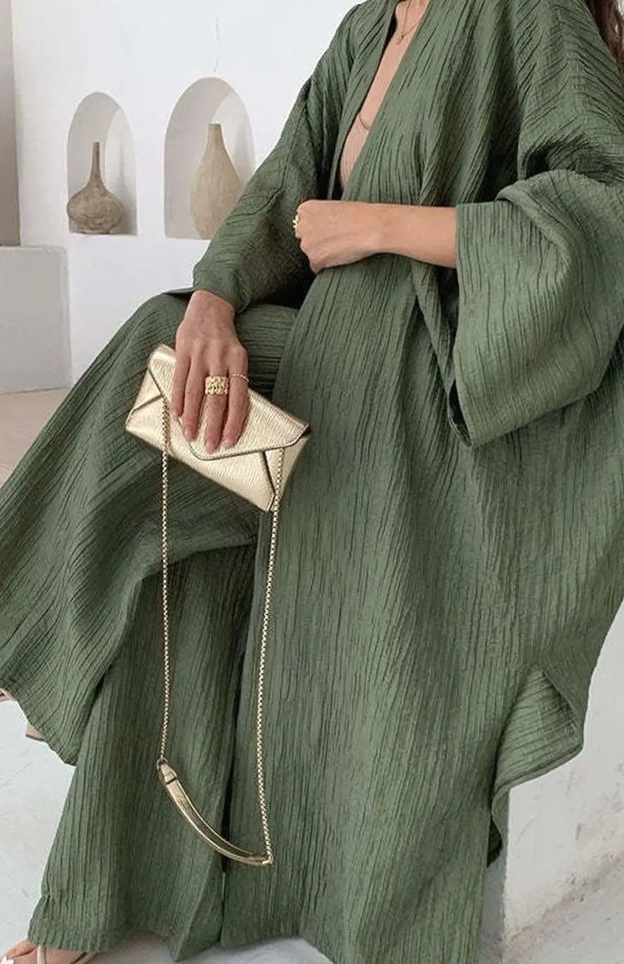 Women's Pleated Kimono Wide-Leg Trouser Two-Piece Set Co Ord - Green
