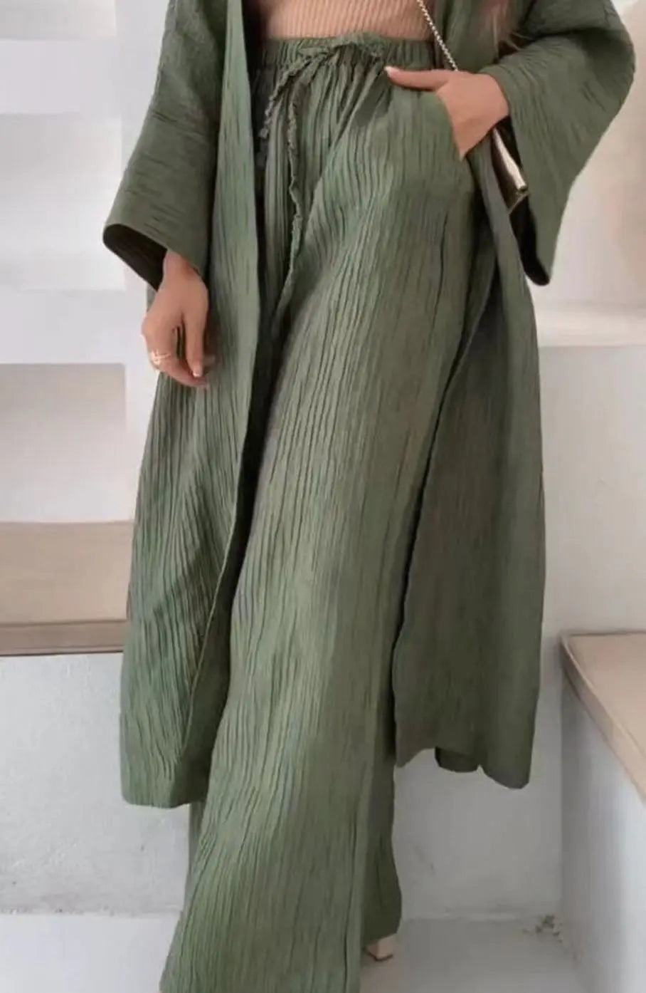 Women's Pleated Kimono Wide-Leg Trouser Two-Piece Set Co Ord