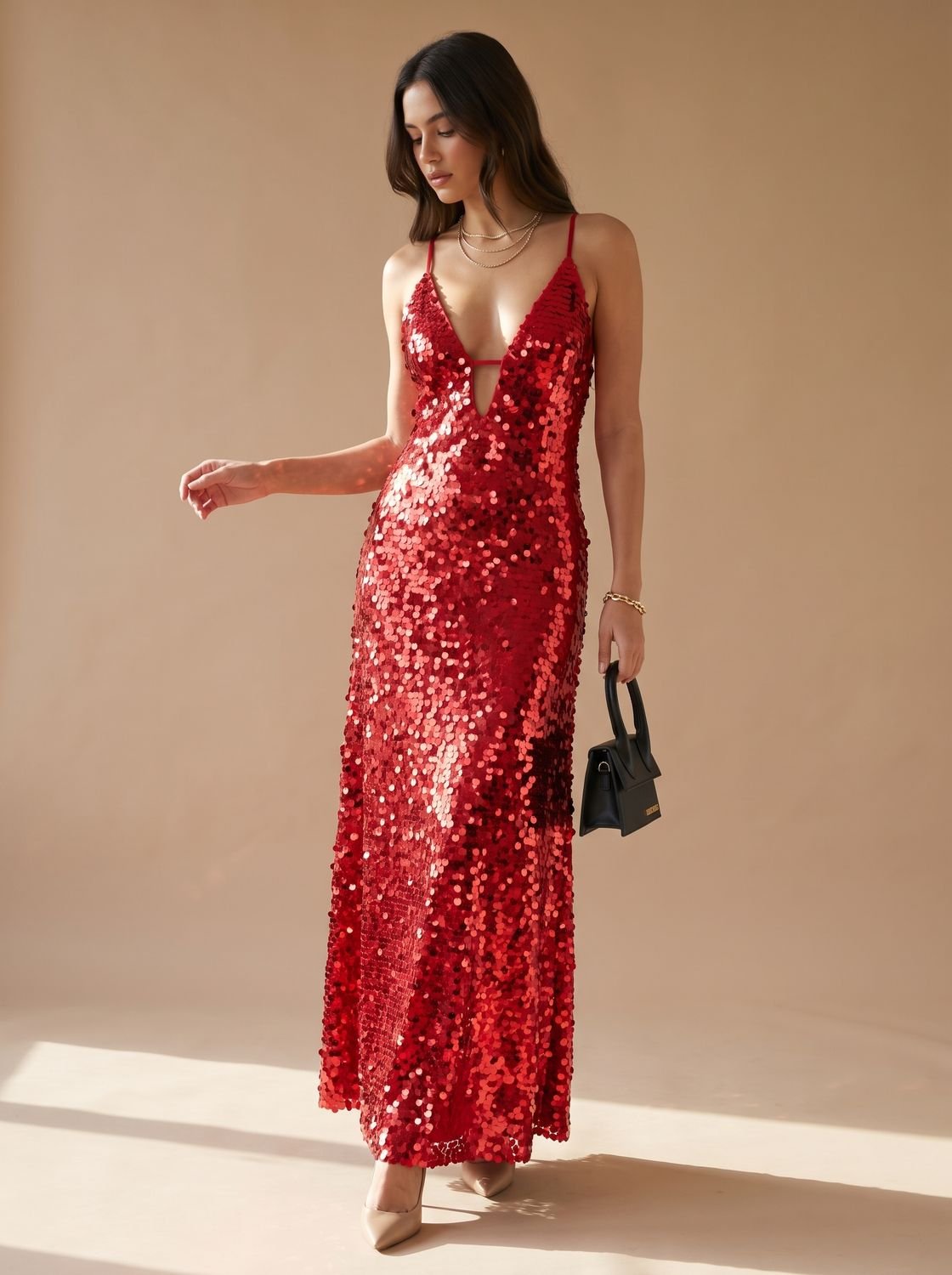 Women's Plunge-Neck Open-Back Sequin Maxi Dress