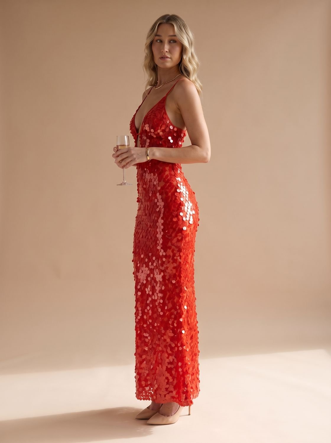 Women's Plunge-Neck Open-Back Sequin Maxi Dress