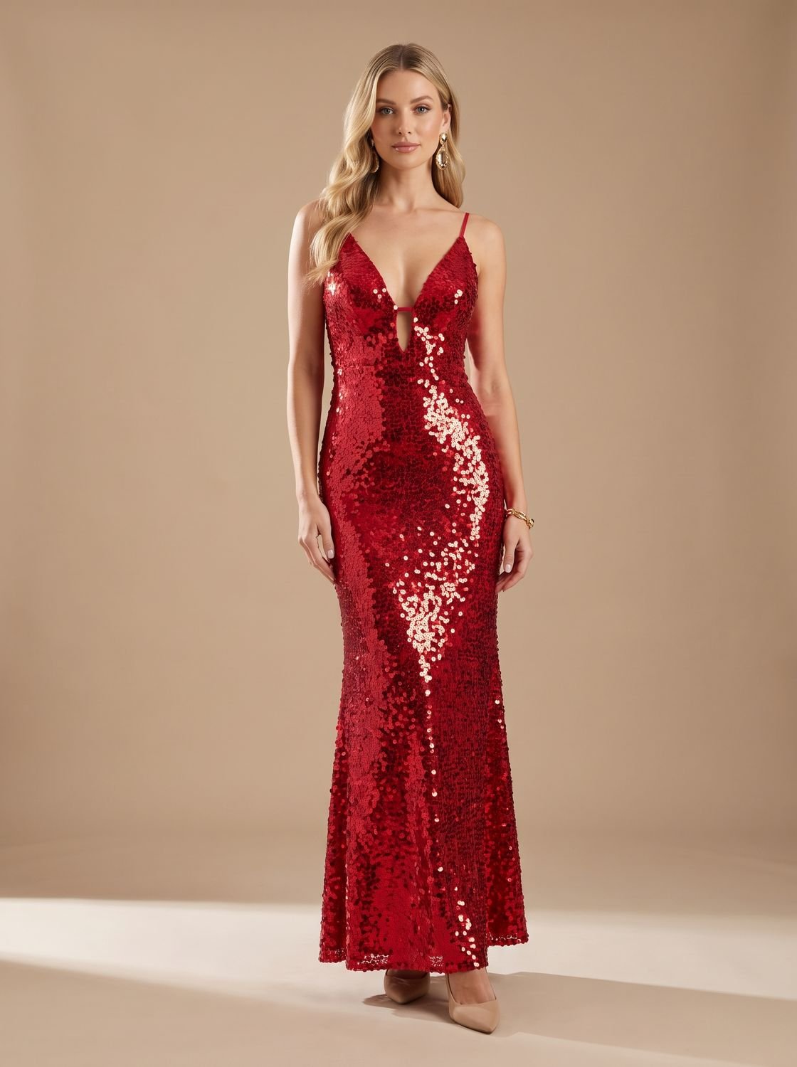 Women's Plunge-Neck Open-Back Sequin Maxi Dress