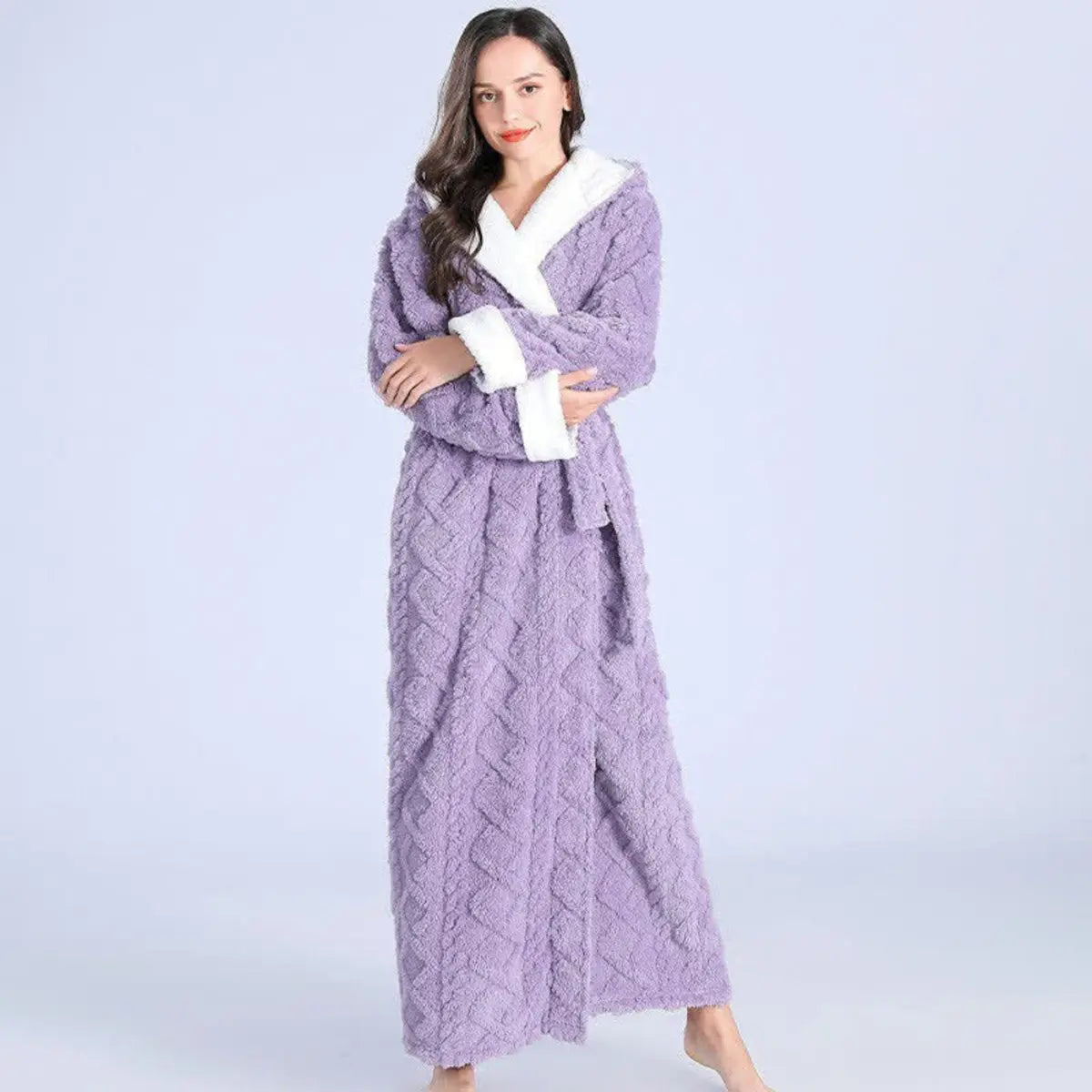 Womens Plush Fleece Ankle-Length Belted Dressing Gown - Purple