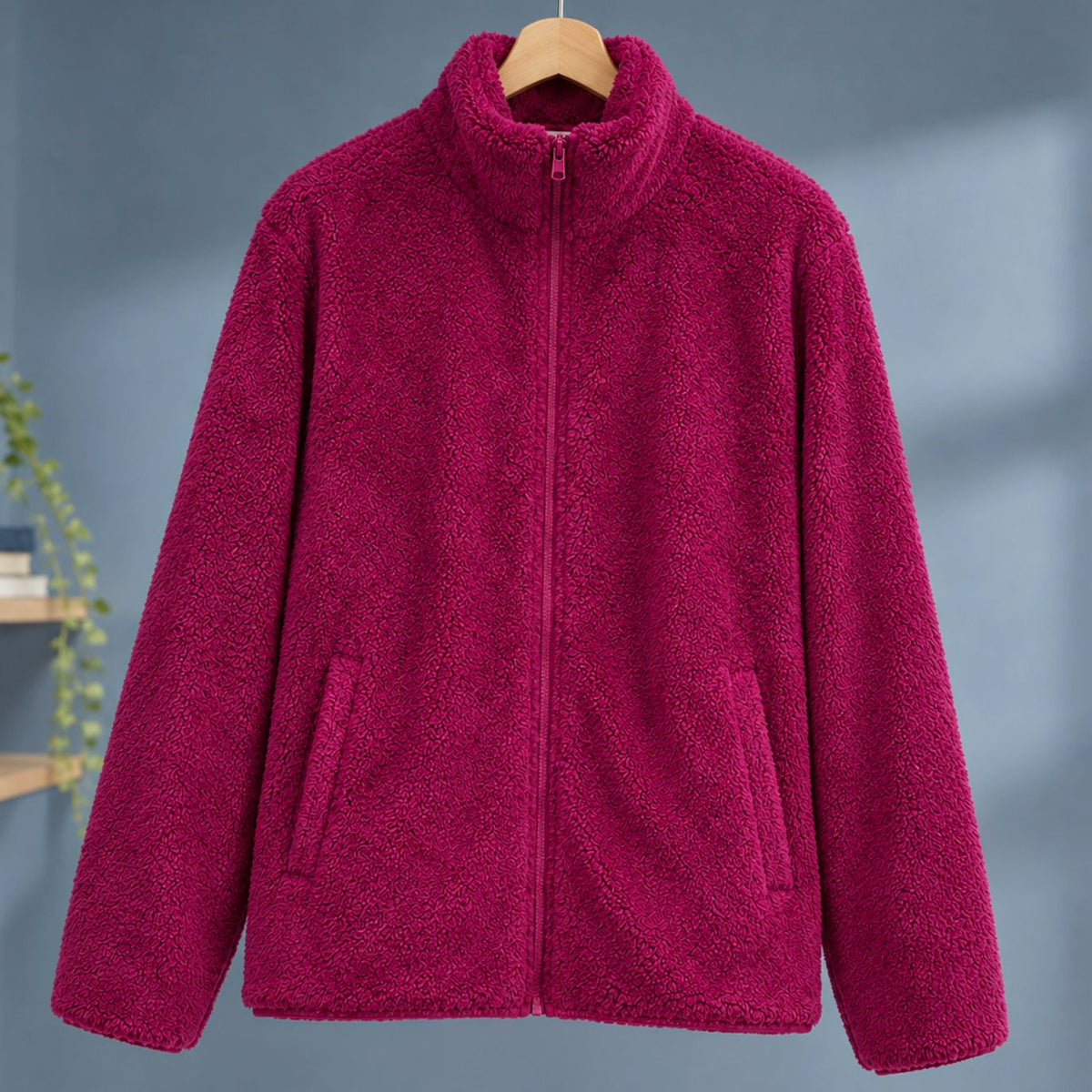 Women's Plush Fleece High-Collar Full-Zip Teddy Jacket - Red