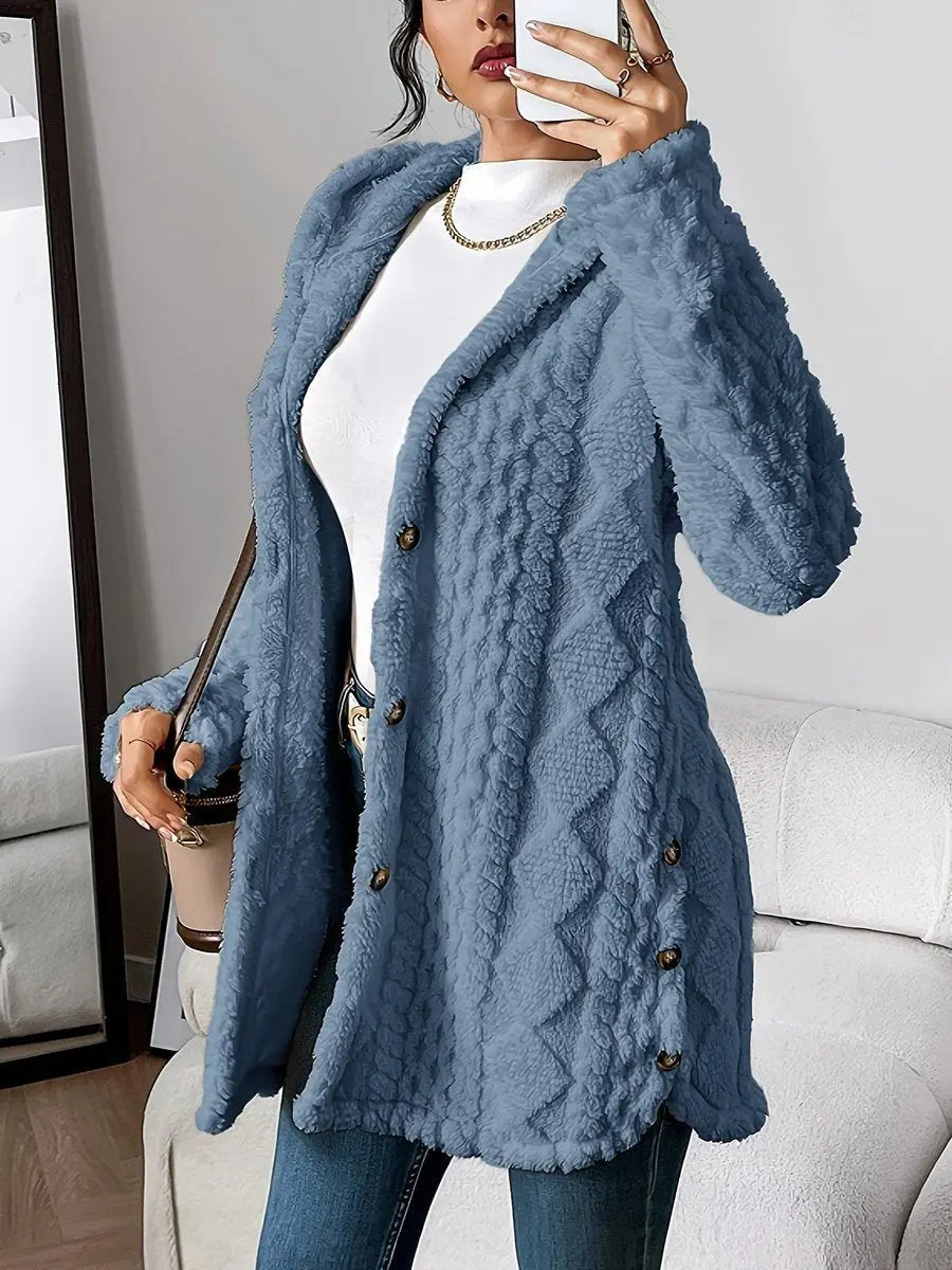 Women's Plush Hooded Button-Front Longline Cardigan - Denim Blue