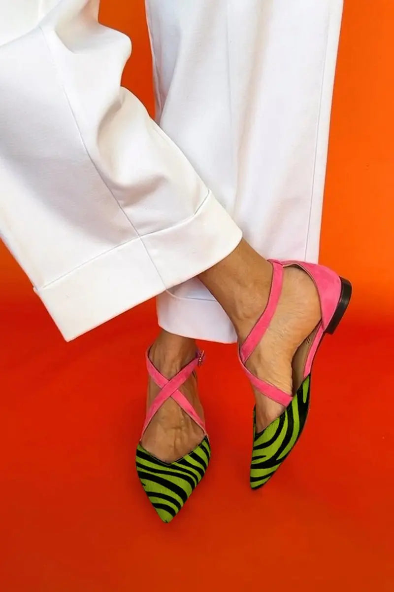 Women's Pointed Toe Cross Strap Flats Zebra Print - Green