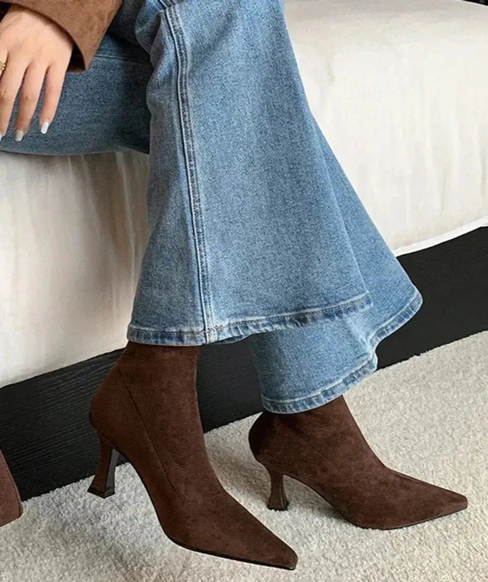 Women's Pointed Toe Kitten Heel Suede Sock Ankle Boots - Brown