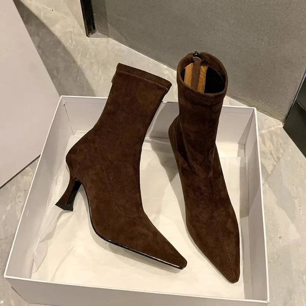Women's Pointed Toe Kitten Heel Suede Sock Ankle Boots