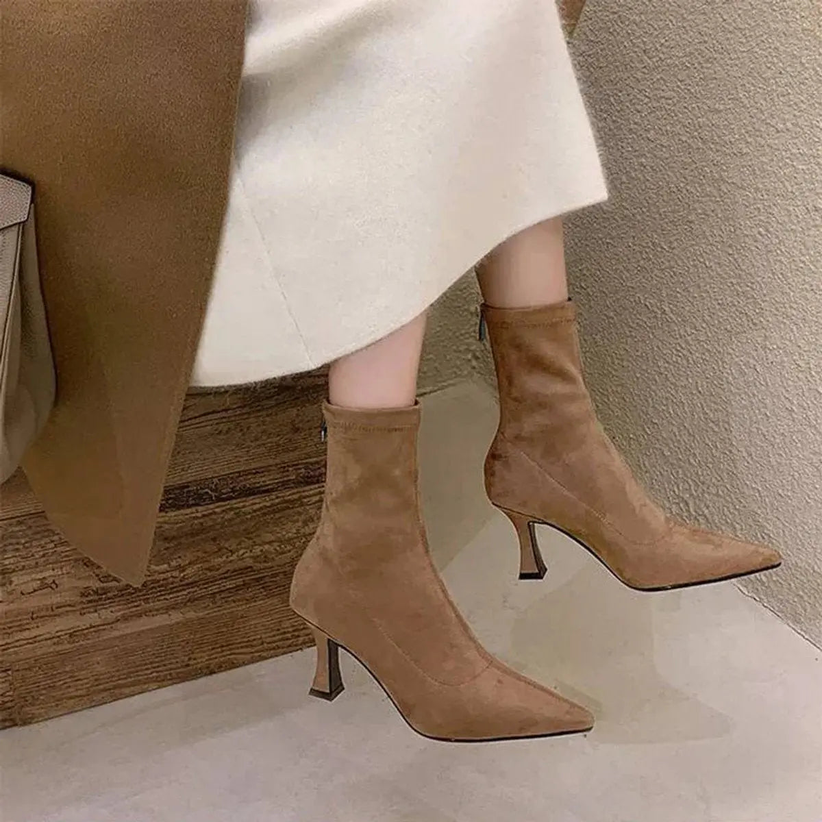Women's Pointed Toe Kitten Heel Suede Sock Ankle Boots - Khaki
