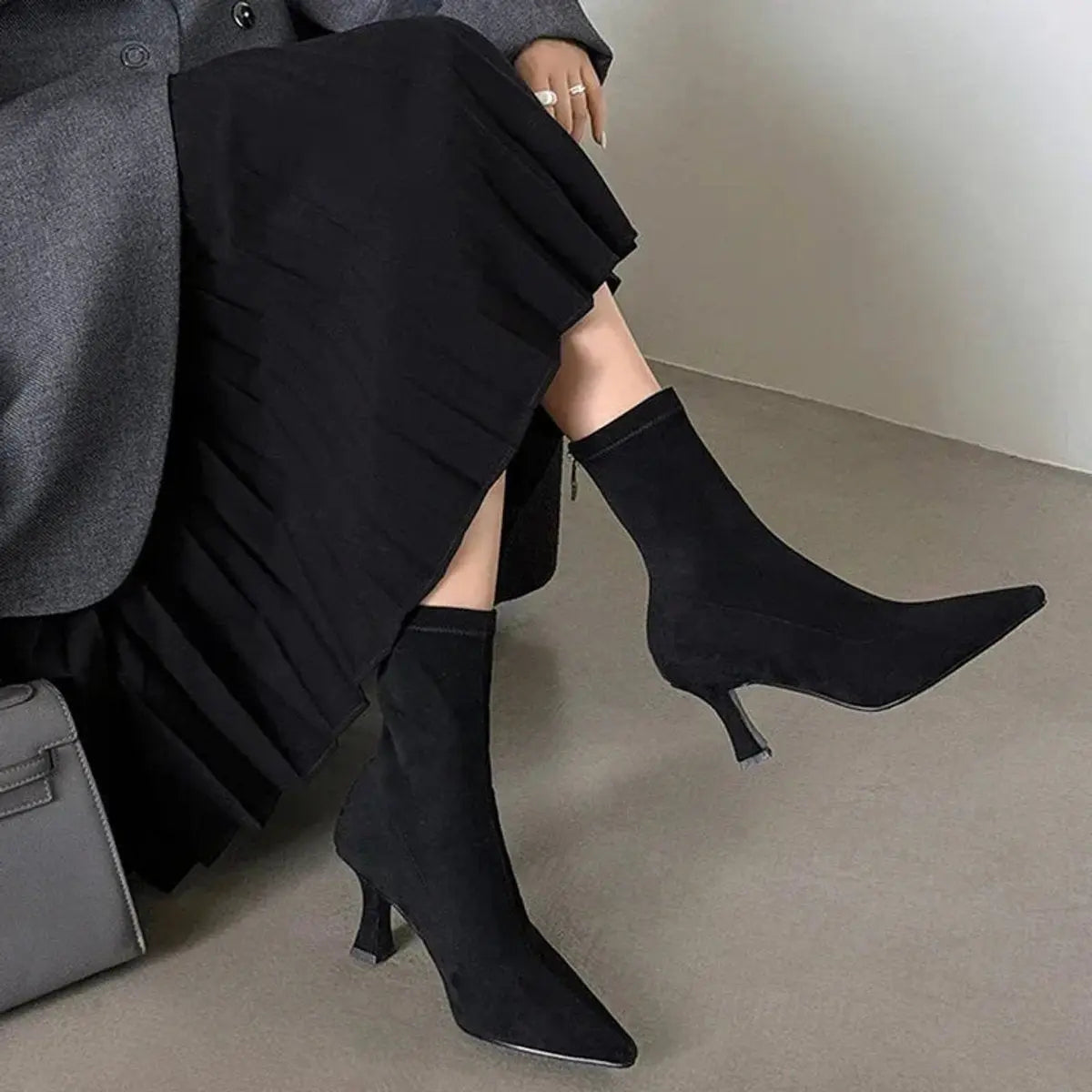 Women's Pointed Toe Kitten Heel Suede Sock Ankle Boots - Black