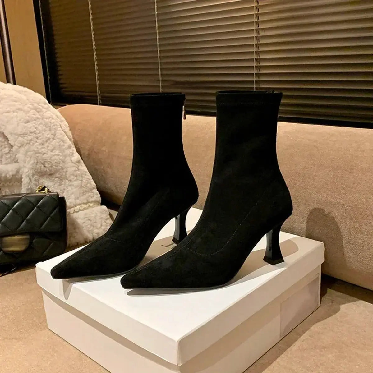 Women's Pointed Toe Kitten Heel Suede Sock Ankle Boots