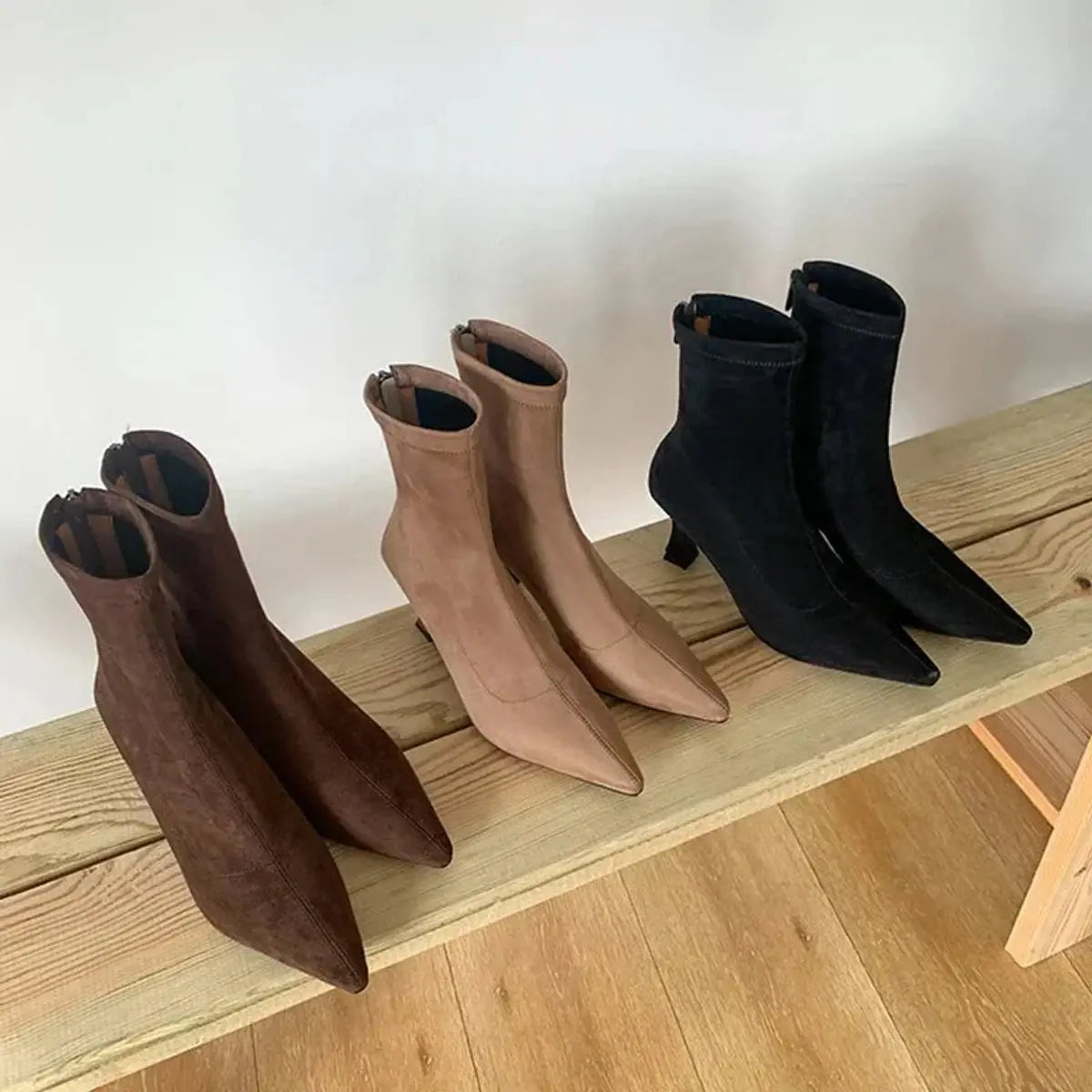 Women's Pointed Toe Kitten Heel Suede Sock Ankle Boots