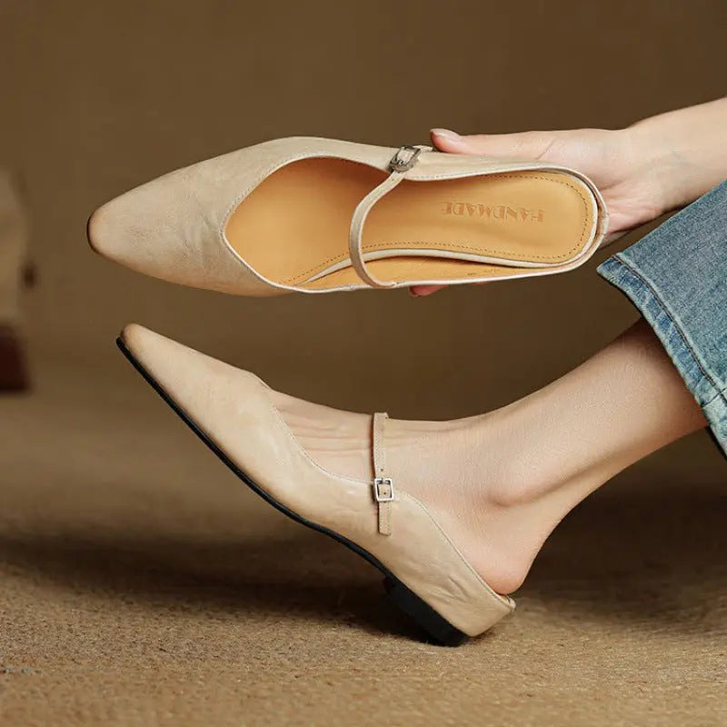 Women's Pointed Toe Mary Jane Mules with Ankle Strap - Beige