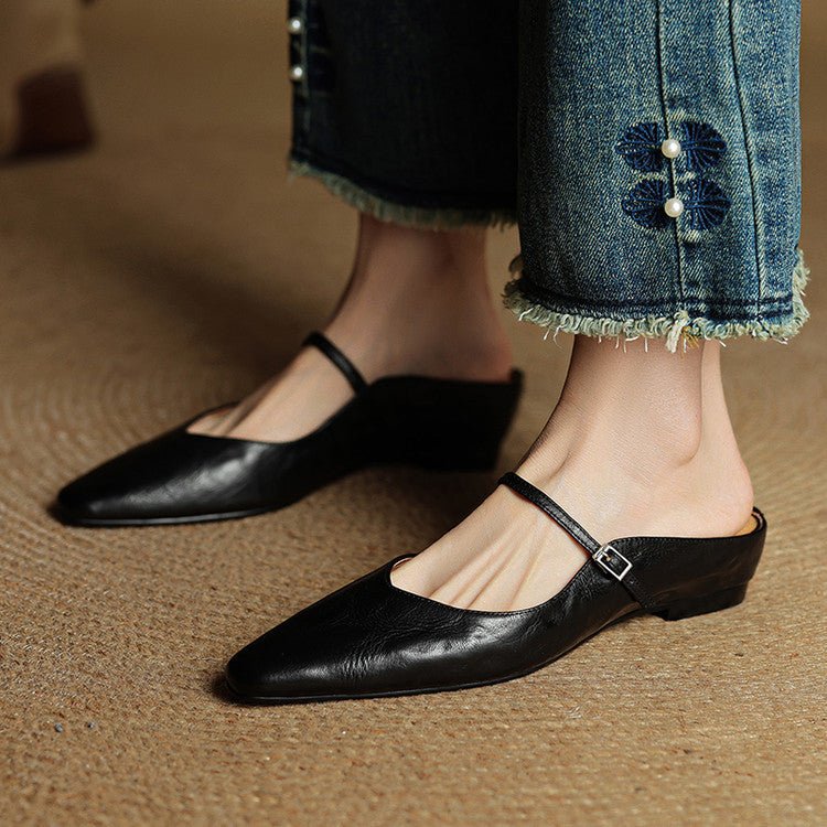 Women's Pointed Toe Mary Jane Mules with Ankle Strap - Black