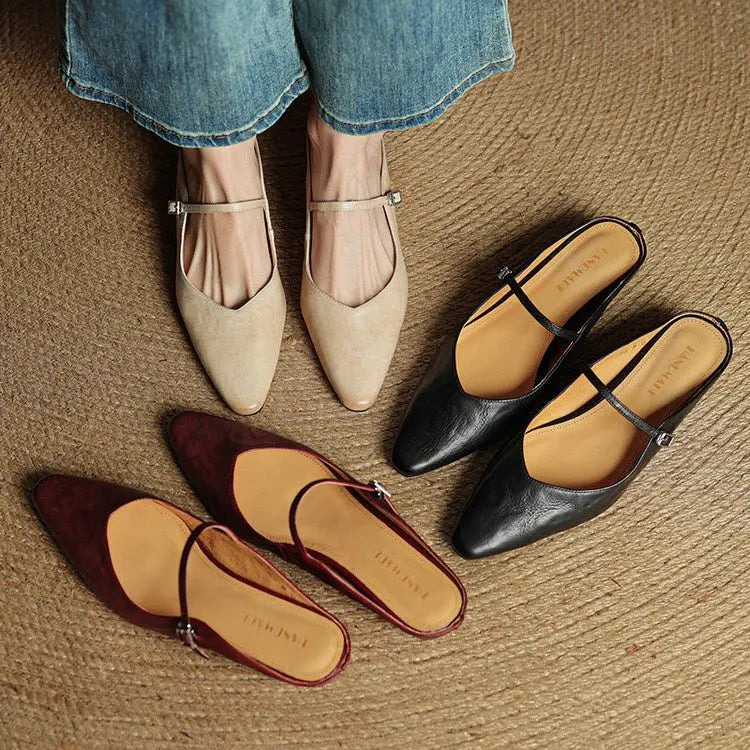 Women's Pointed Toe Mary Jane Mules with Ankle Strap