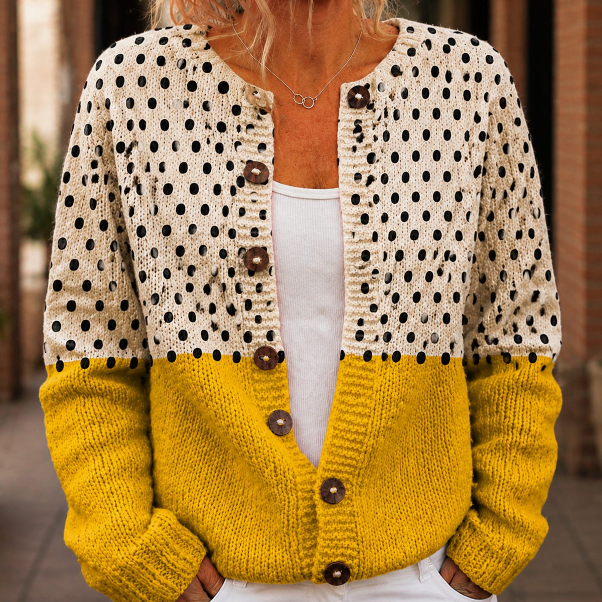 Women's Polka-Dot Colourblock Button-Front Knit Cardigan - Mustard Cream