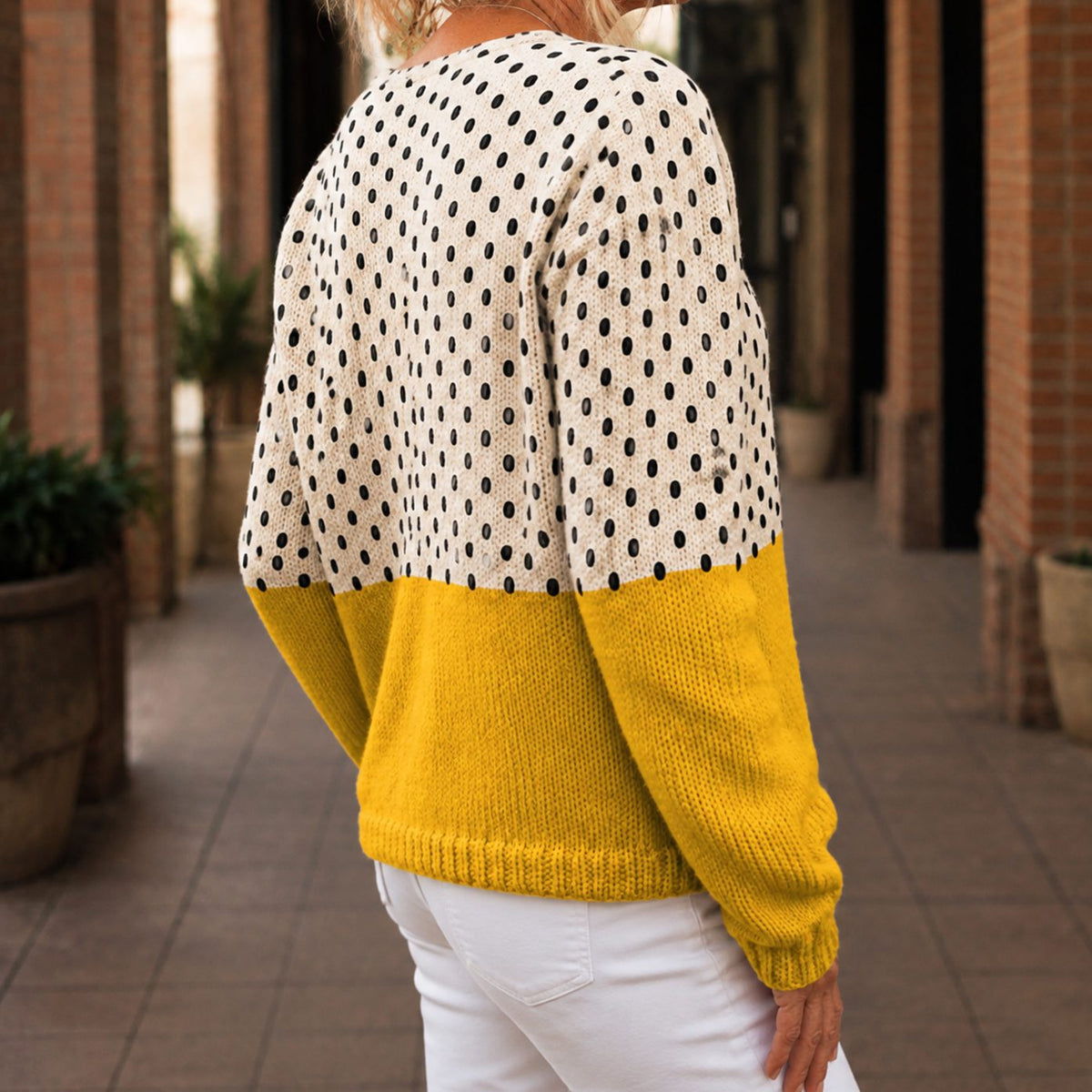 Women's Polka-Dot Colourblock Button-Front Knit Cardigan