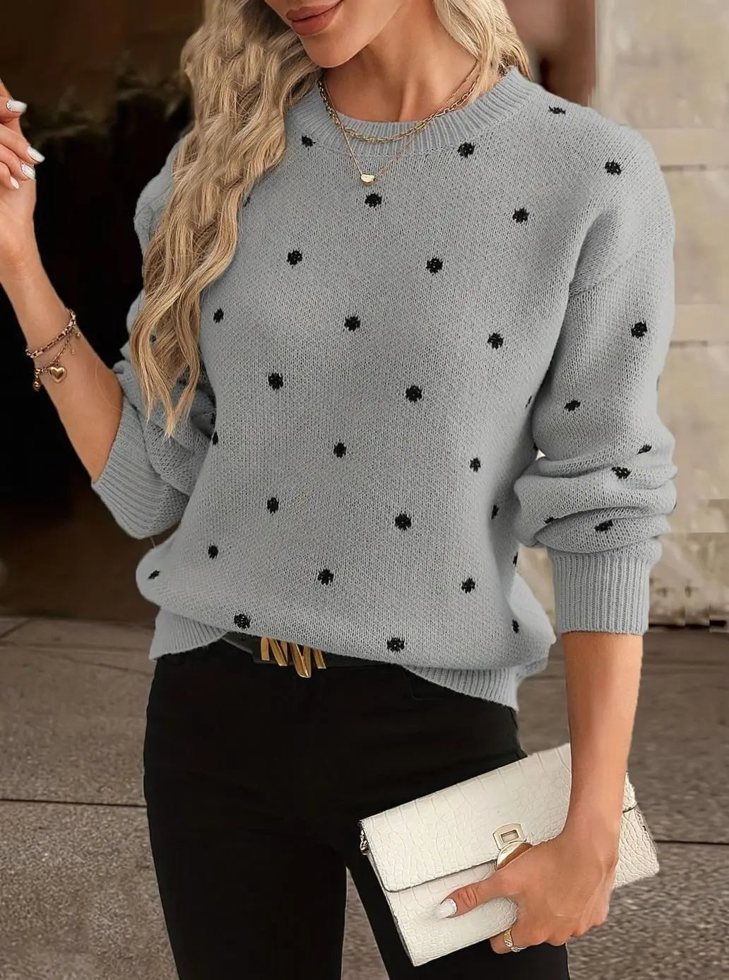 Women's Polka Dot Round-Neck Long-Sleeve Knit Sweater - Grey