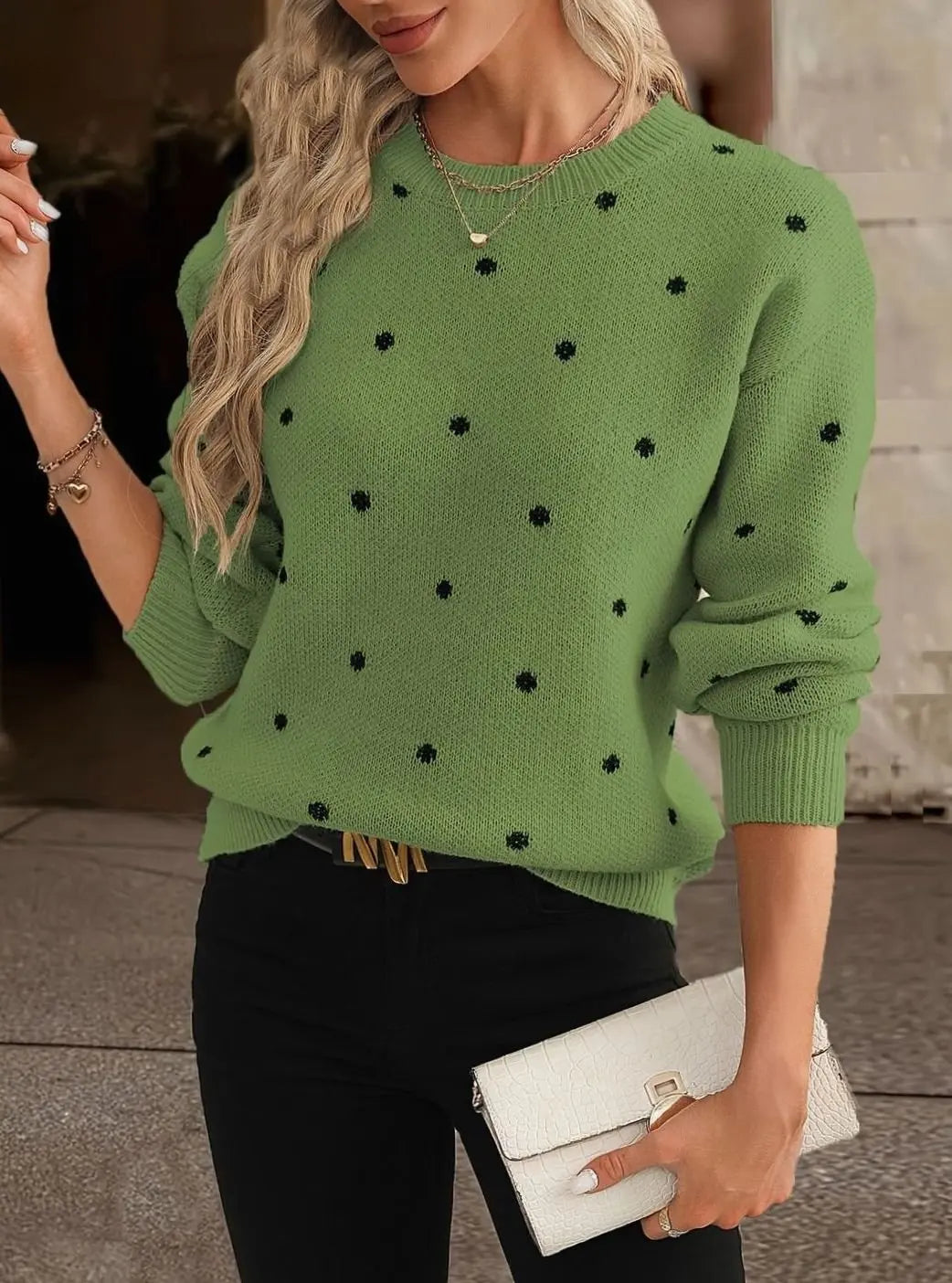 Women's Polka Dot Round-Neck Long-Sleeve Knit Sweater - Green