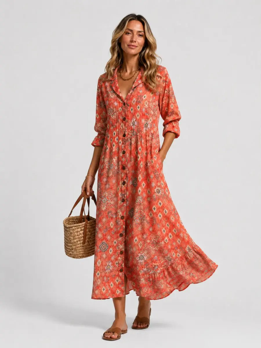Women's Printed Maxi Shirt Dress Relaxed Flattering Fit - Orange