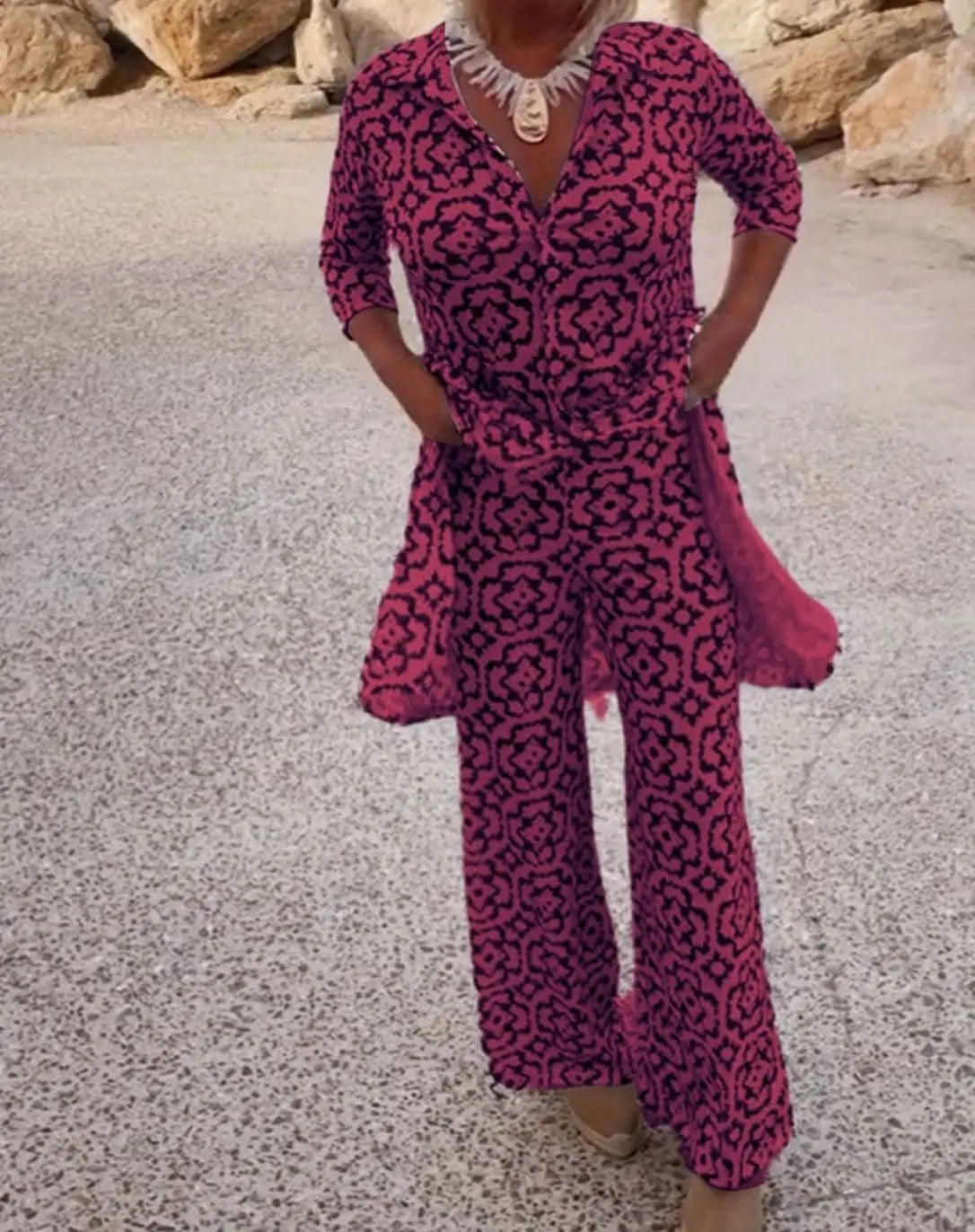 Women's Printed Two-Piece Blouse Straight-Leg Trouser Set