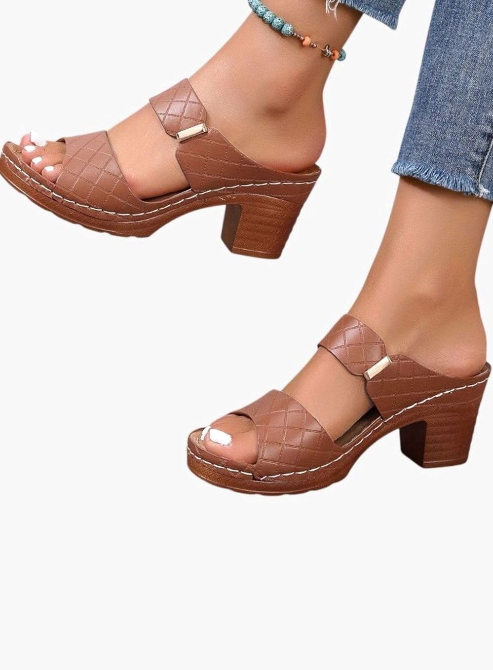 Women's Quilted Block Heel Sandals Open Toe - Brown