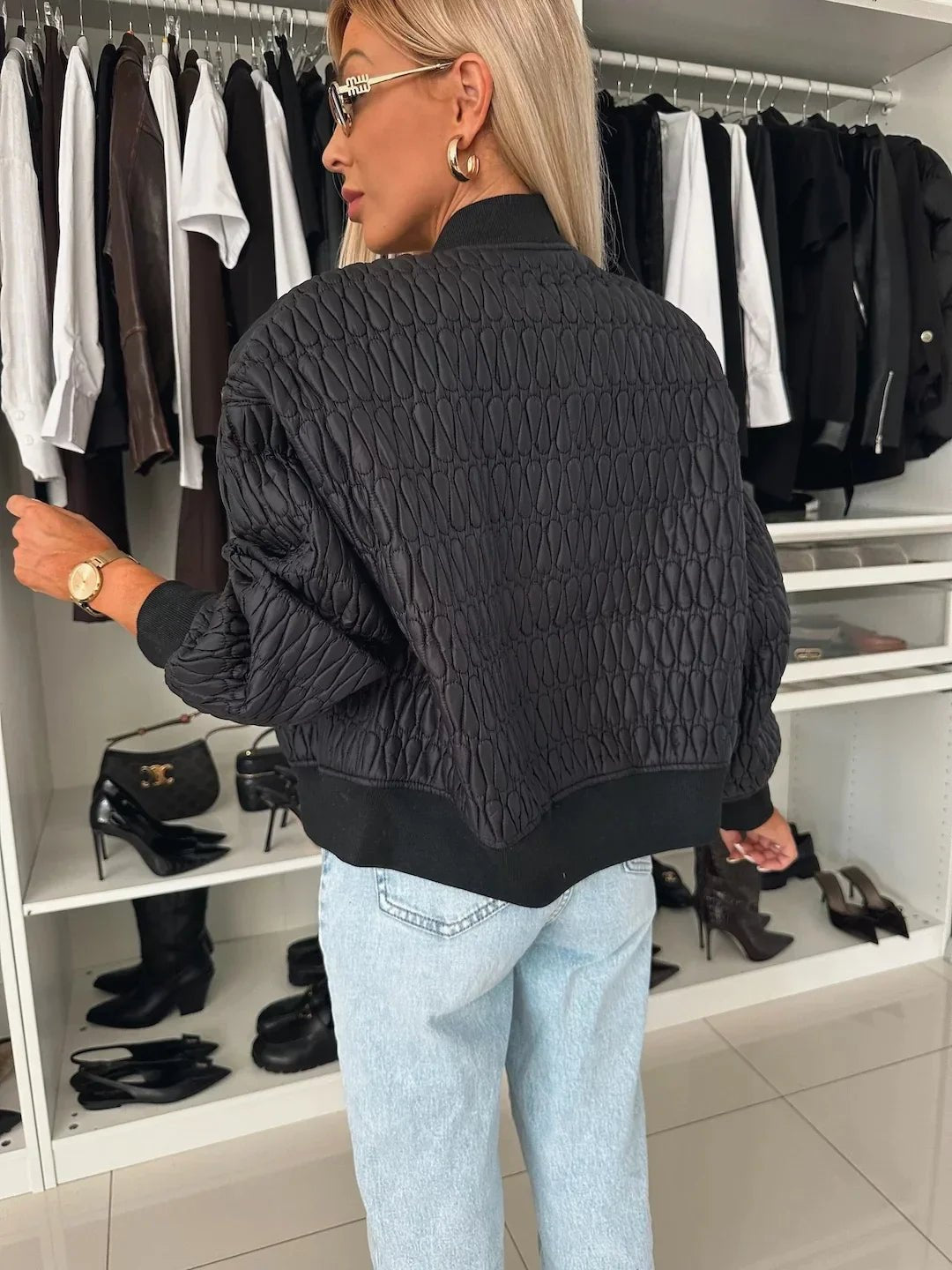 Women's Quilted Bomber Jacket Zip Front Diamond Pattern