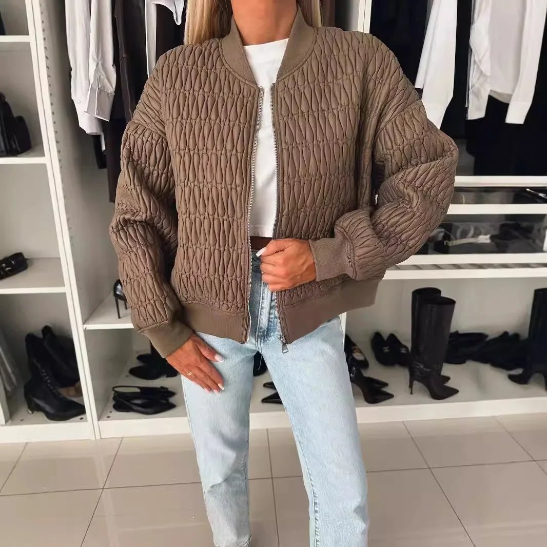 Women's Quilted Bomber Jacket Zip Front Diamond Pattern - Dark Brown