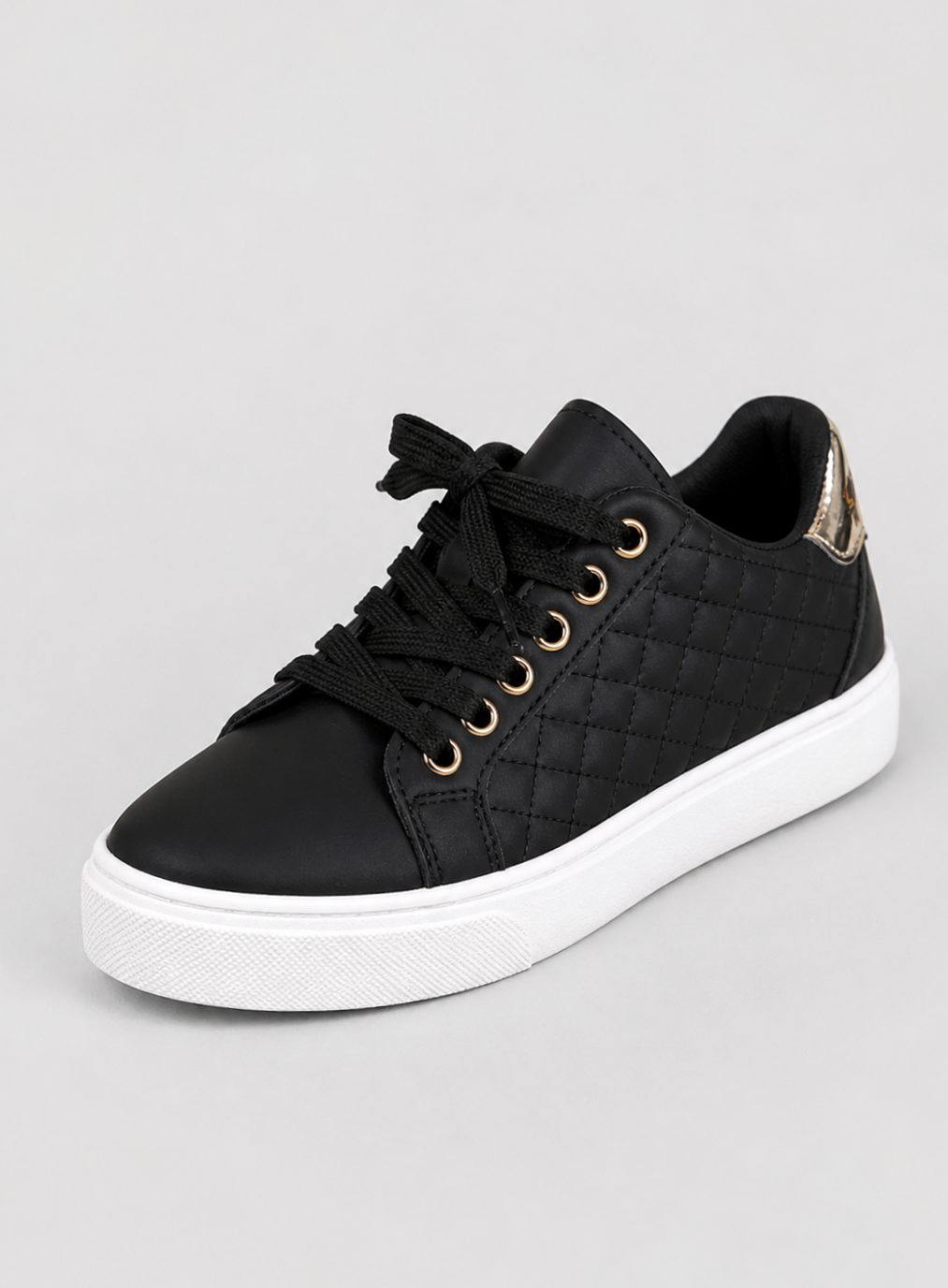 Women's Quilted Faux-Leather Lace-Up Flatform Trainers - Black