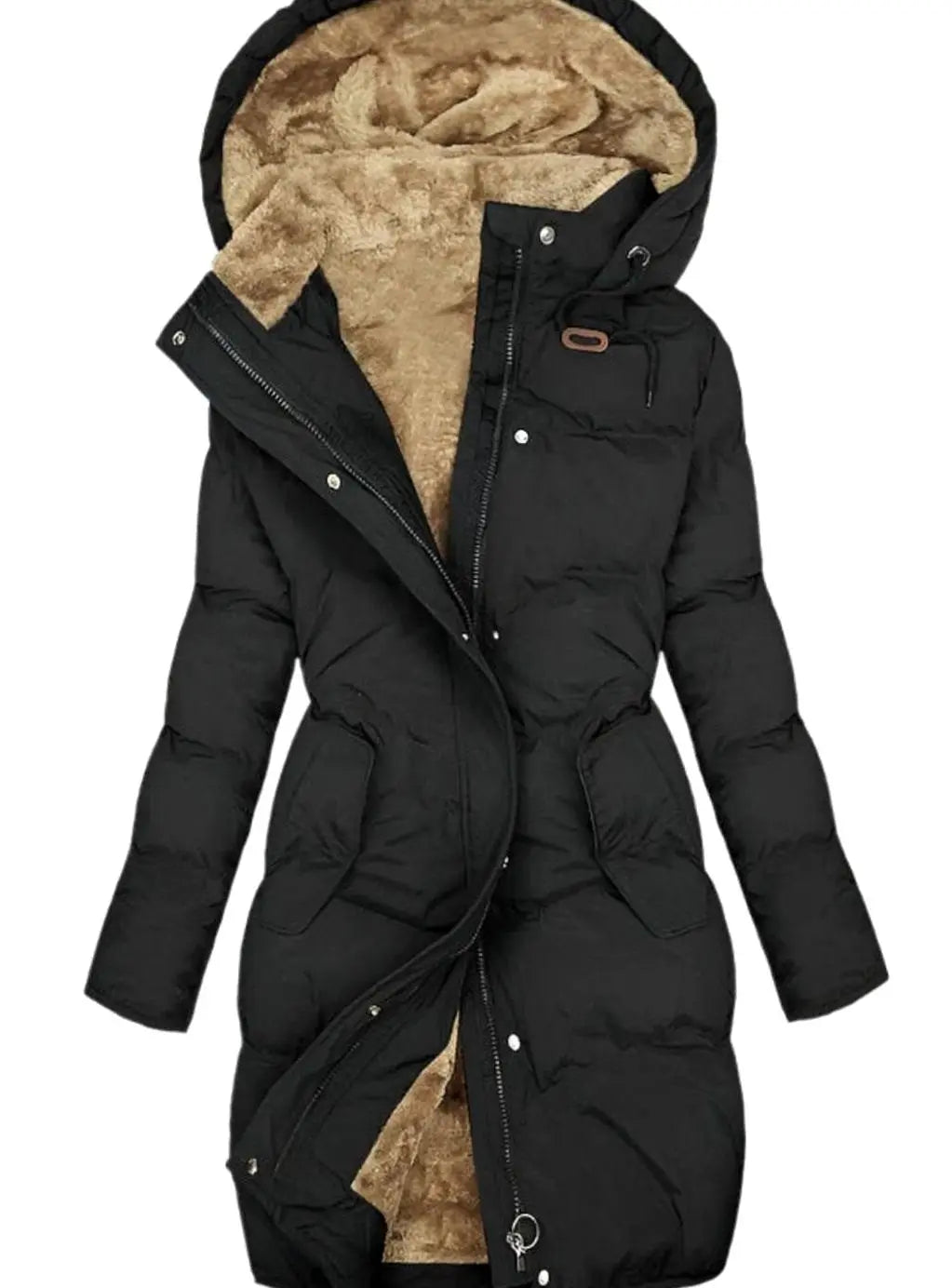 Women's Quilted Fleece-Lined Long Hooded Coat Full-Zip Parka - Black