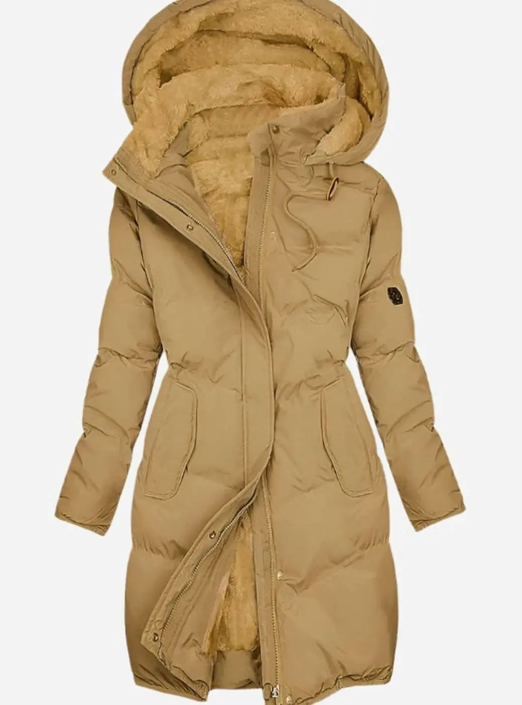 Women's Quilted Fleece-Lined Long Hooded Coat Full-Zip Parka - Yellow