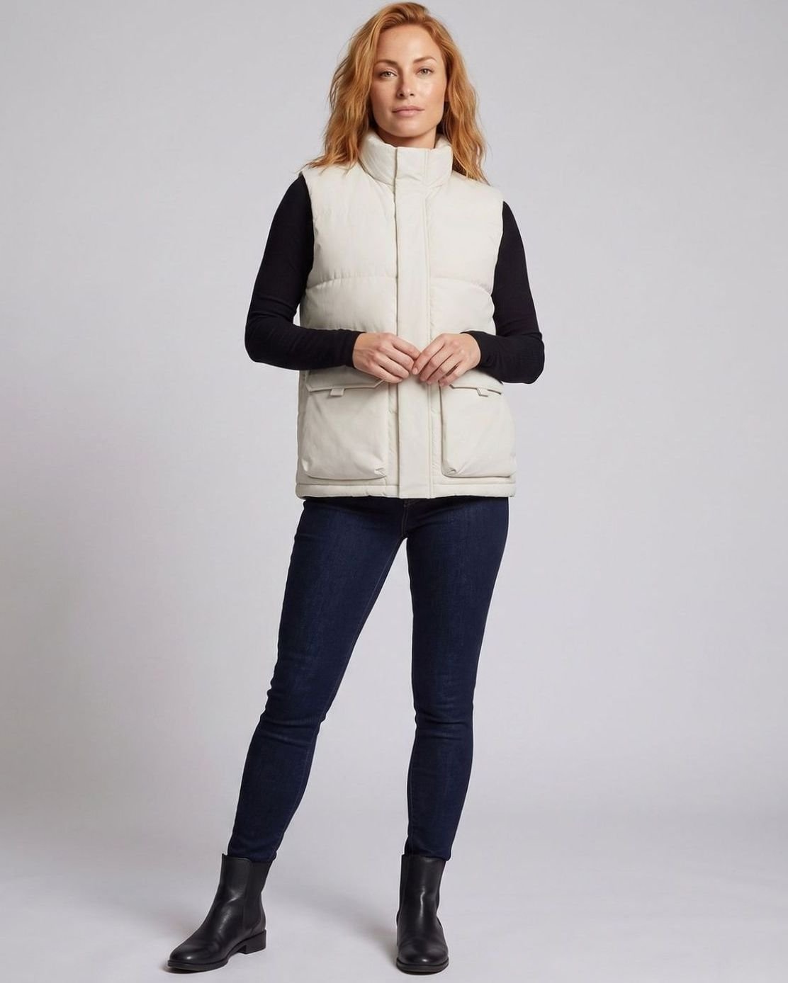 Women's Quilted Funnel-Neck Sleeveless Puffer Gilet Flap Pockets, Ecru